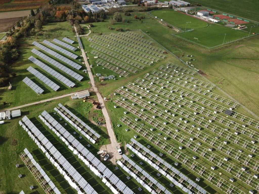 Aerial view of a solar plant partly dismantled